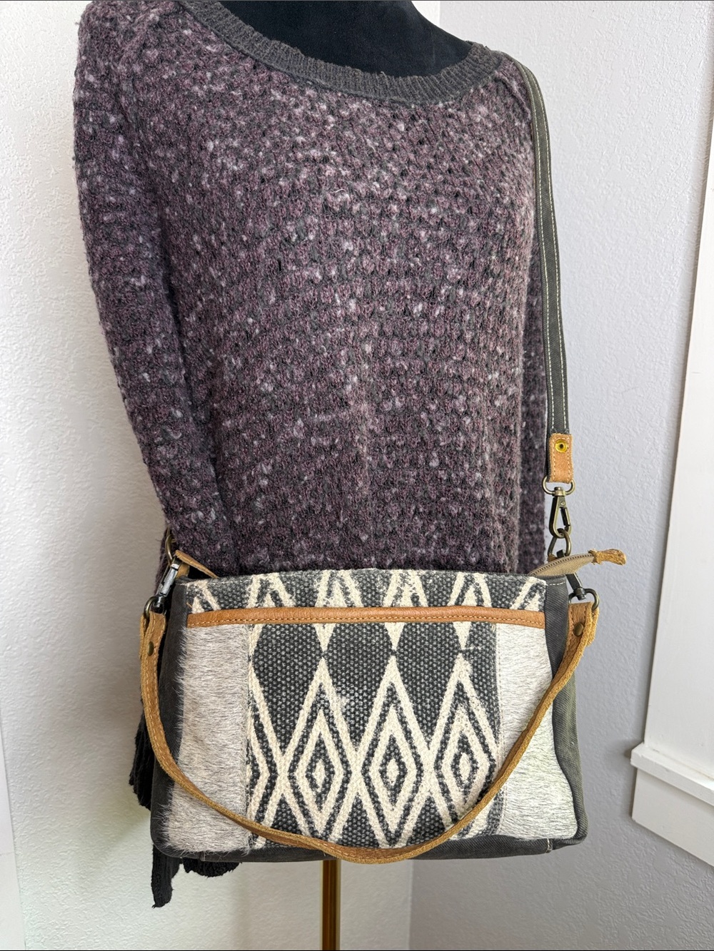 Myra Bag Tedious Upcycled Canvas & Cowhide Small Crossbody Bag Western Boho